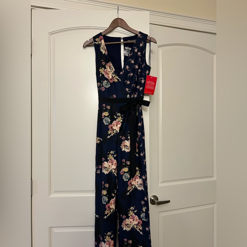 Beautiful Floral Blue Jumpsuit Adjustable Tie